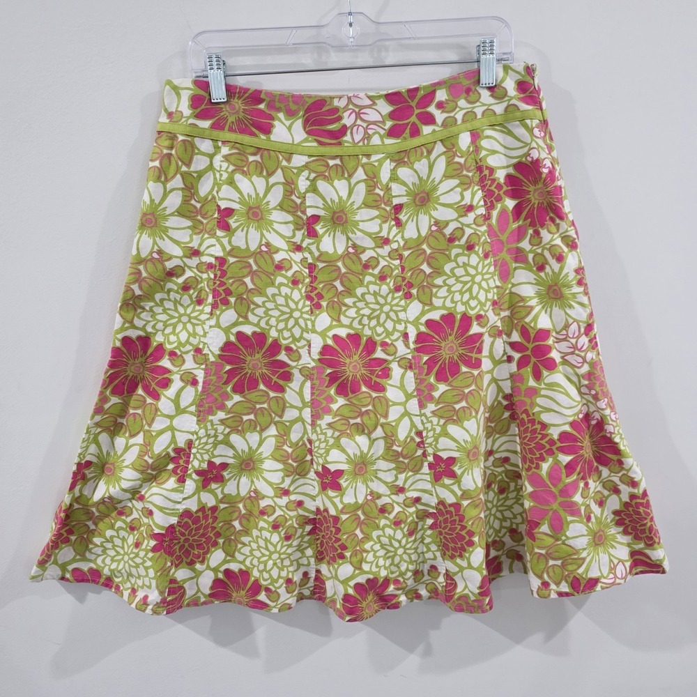 Womens Colorful Linen Floral Midi Skirt Size 8 Flare Retro Beach